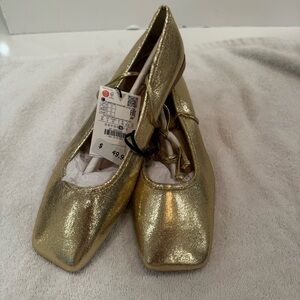 New Zara Gold Ballet Flats With Bow Sz 40 Square Toe